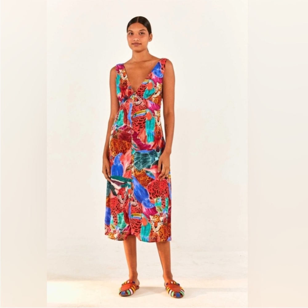 FARM Rio Animal Collage Red and Blue Slit Midi Sundress